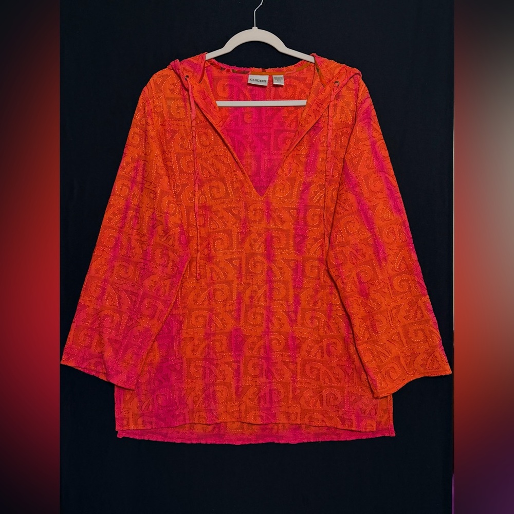Chico’s Vibrant Orange and Pink Patterned Hooded Top Hooded Cotton Embroidered